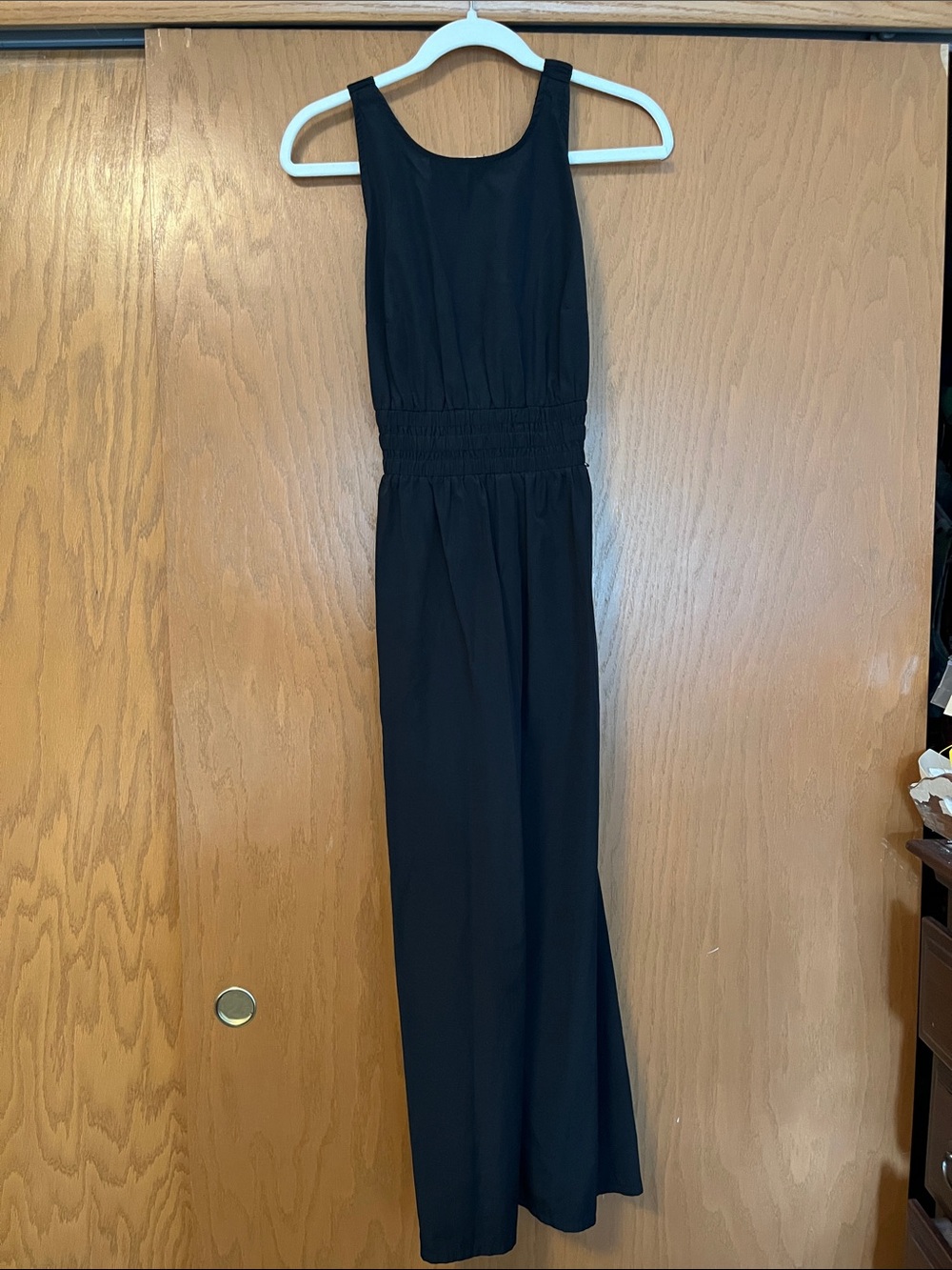 Classic Black Sleeveless Maxi Dress w Apron back and elastic waist and straps